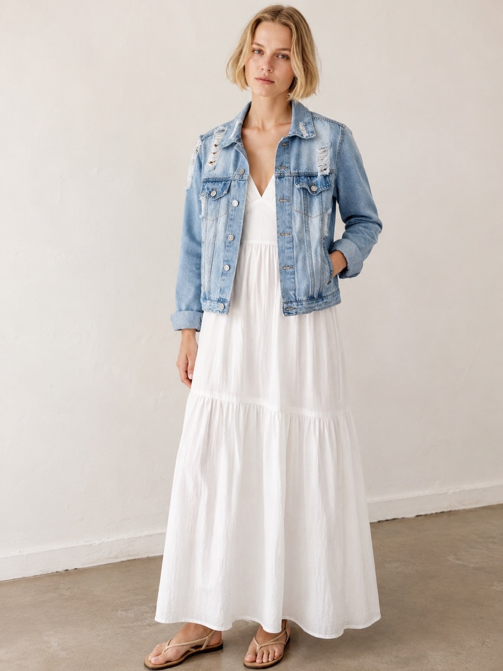 Love Tree Light Wash Distressed Denim Jacket - Picture 2 of 13